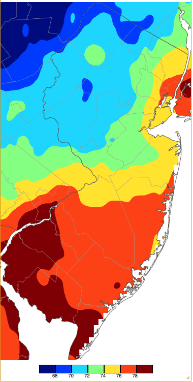 Annual maximum minimum temperatures across NJ during 2023 based on a PRISM (Oregon State University) analysis generated using NWS, NJWxNet, and other professional weather stations.