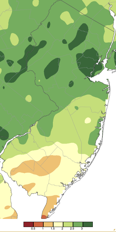 Precipitation across New Jersey from 8 AM on April 2nd through 8 AM April 4th based on a PRISM (Oregon State University) analysis generated using NWS Cooperative, CoCoRaHS, NJWxNet, and other professional weather station observations.