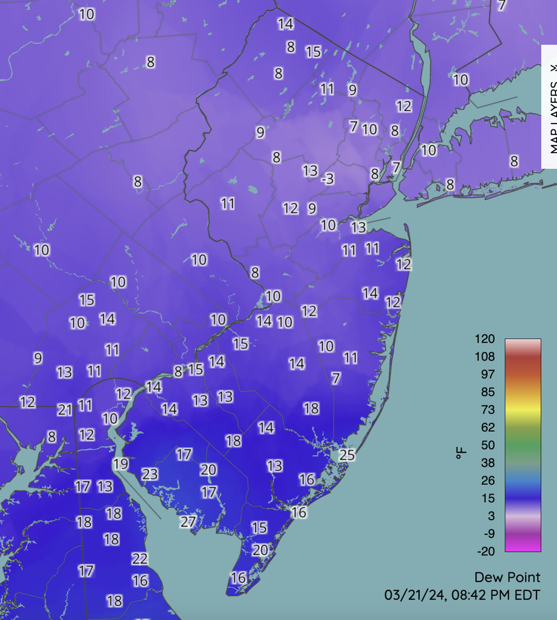 Dew point temperatures at 8:48 PM on March 21st at NJWxNet, NWS, and other professional weather stations.