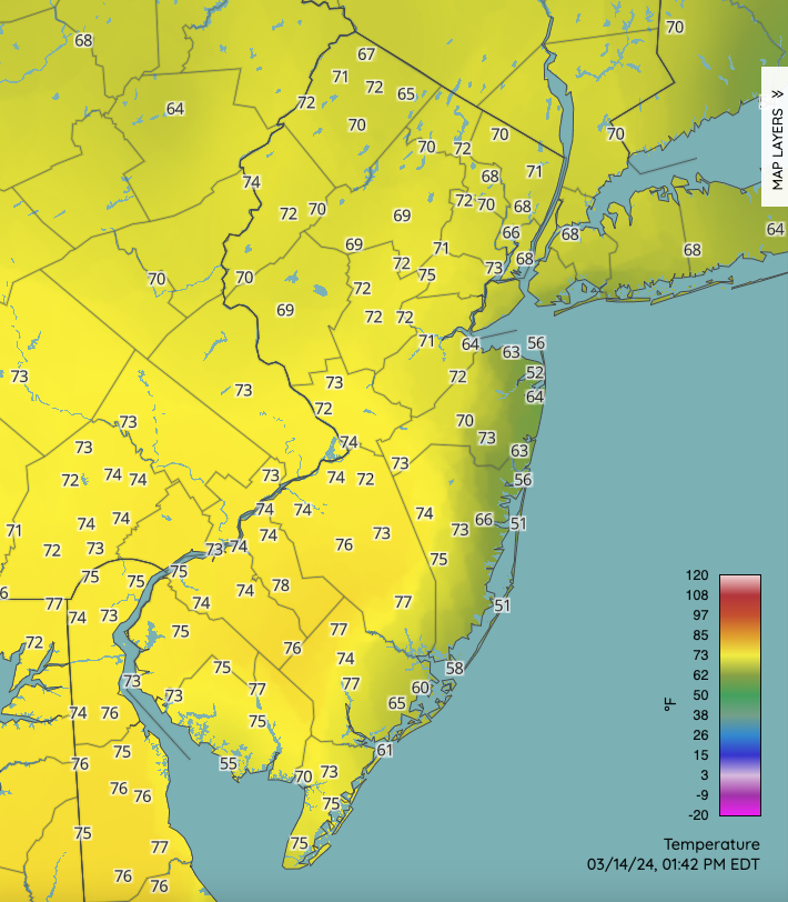 Temperatures at around 1:40 PM on March 14th at NJWxNet, NWS, and other professional weather stations.