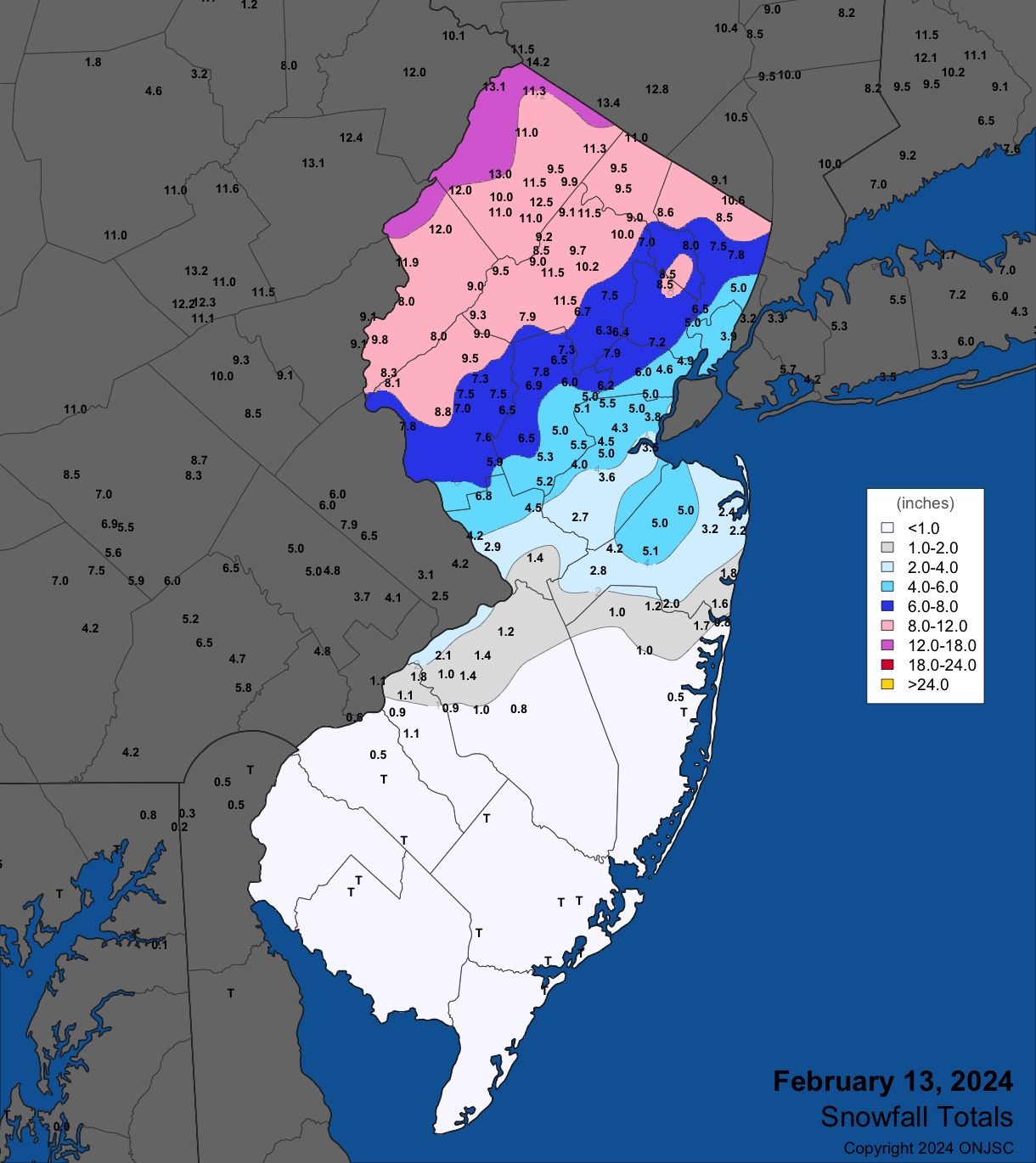 Snowfall on February 13th. Observations are from CoCoRaHS, NWS Cooperative Observer, NWS Trained Spotter, and reports from the North Jersey Weather Observers.
