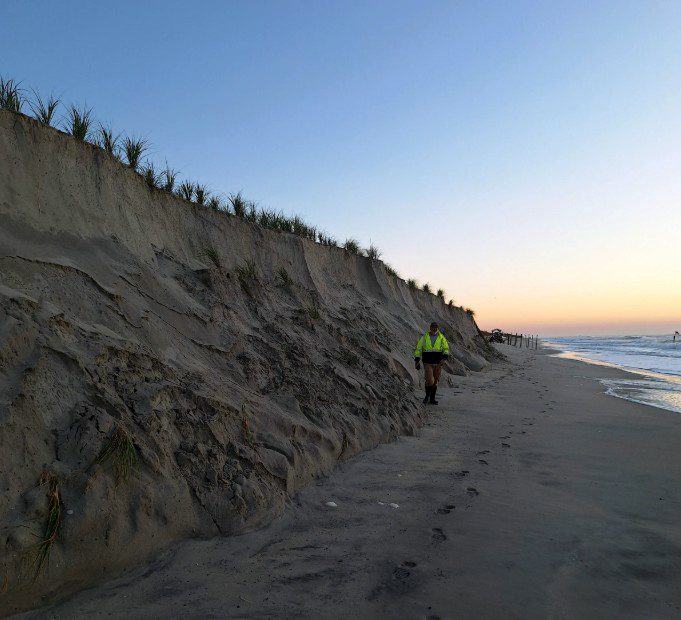 Significant beach erosion in Beach Haven (Ocean County) following days of strong wave action caused by Hurricane Erin. Photo by Beach Haven Mayor Colleen Lambert.