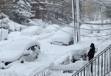 A snowy scene in Jersey City (Hudson County) during the afternoon of February 23rd towards the end of major winter storm.