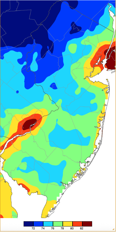 Annual maximum minimum temperatures across NJ during 2025 based on a PRISM (Oregon State University) analysis generated using NWS, NJWxNet, and other professional weather stations. The annual minimum low temperature occurred on different days at different locations.