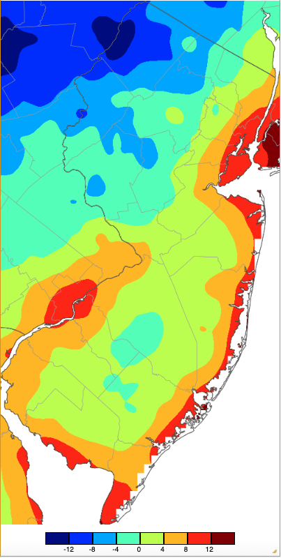 Annual minimum temperatures across NJ during 2025 based on a PRISM (Oregon State University) analysis generated using NWS, NJWxNet, and other professional weather stations. The annual minimum temperature occurred on different days at different locations.