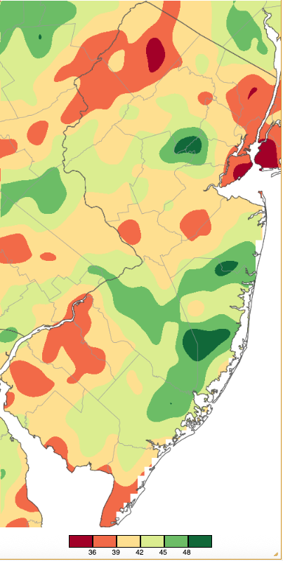 Annual 2025 precipitation across New Jersey based on a PRISM (Oregon State University) analysis generated using NWS Cooperative, CoCoRaHS, and NJWxNet weather station observations.