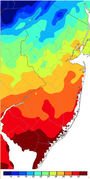 Annual minimum maximum temperatures across NJ during 2023 based on a PRISM (Oregon State University) analysis generated using NWS, NJWxNet, and other professional weather stations.