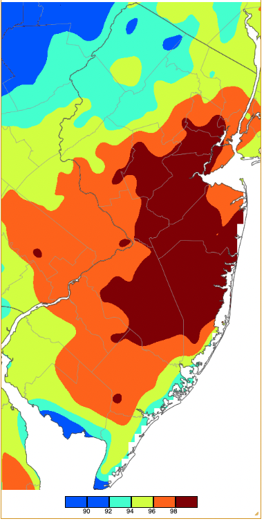 Annual maximum temperatures across NJ during 2022 based on a PRISM (Oregon State University) analysis generated using NWS, NJWxNet, and other professional weather stations.