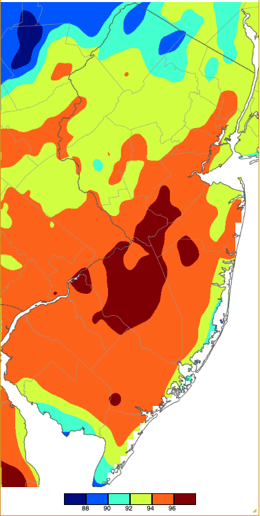 Annual maximum temperatures across NJ during 2023 based on a PRISM (Oregon State University) analysis generated using NWS, NJWxNet, and other professional weather stations.