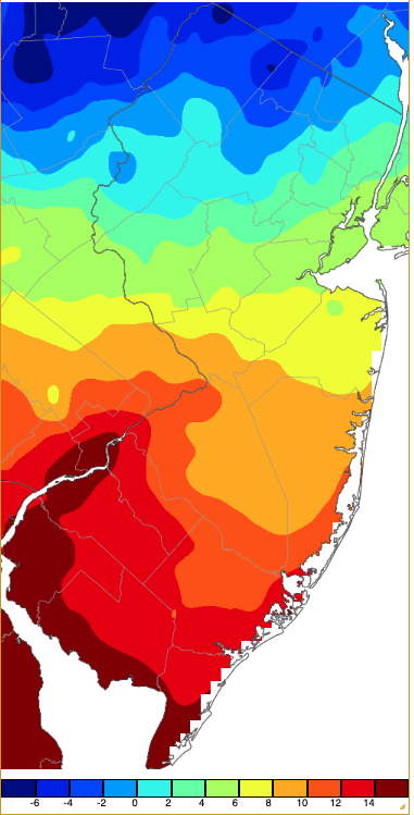 Annual minimum temperatures across NJ during 2023 based on a PRISM (Oregon State University) analysis generated using NWS, NJWxNet, and other professional weather stations.