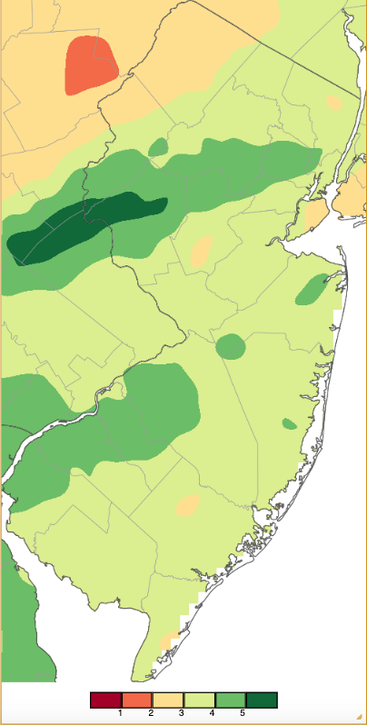 April 1–15, 2025, precipitation across New Jersey based on a PRISM (Oregon State University) analysis generated using NWS Cooperative, CoCoRaHS, NJWxNet, and other professional weather station observations from 8 AM on March 31st to 8 AM on April 15th.