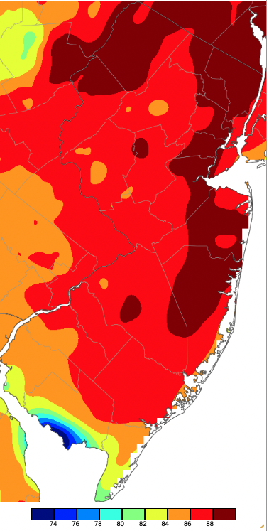 Maximum temperatures on April 13th based on a PRISM (Oregon State University) analysis generated using NWS, NJWxNet, and other professional weather stations.