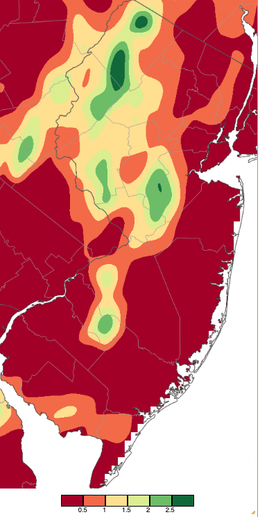 Precipitation across New Jersey from 8 AM on April 15th through 8 AM April 16th based on a PRISM (Oregon State University) analysis generated using NWS Cooperative, CoCoRaHS, NJWxNet, and other professional weather station observations.