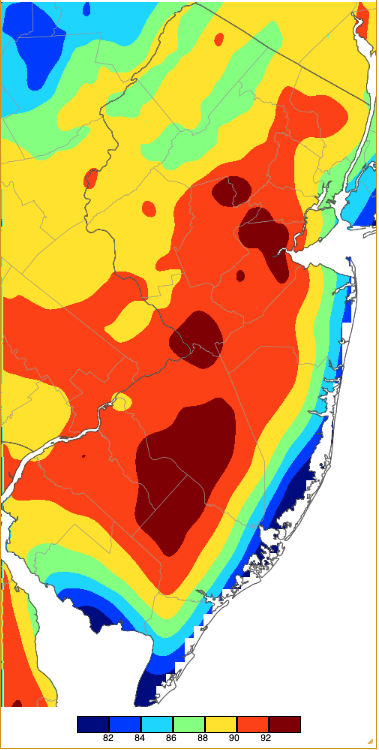 Map of maximum temperatures on April 16th based on a PRISM (Oregon State University) analysis generated using NWS, NJWxNet, and other professional weather stations.