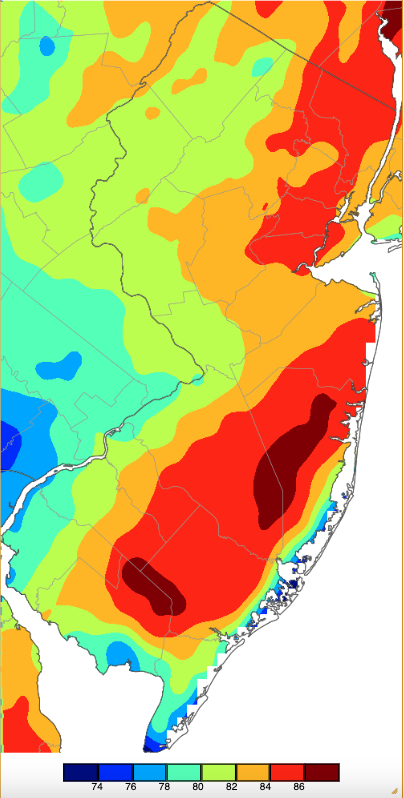 Maximum temperatures on April 19th based on a PRISM (Oregon State University) analysis generated using NWS, NJWxNet, and other professional weather stations.