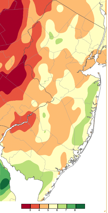 April 2023 precipitation across New Jersey based on a PRISM (Oregon State University) analysis generated using NWS Cooperative, CoCoRaHS, NJWxNet, and other professional weather station observations from approximately 8 AM on March 31st to 8 AM on April 30th.