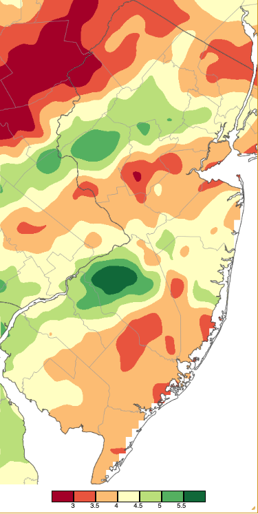 April 2025 precipitation across New Jersey based on a PRISM (Oregon State University) analysis generated using NWS Cooperative, CoCoRaHS, NJWxNet, and other professional weather station observations from 8 AM on March 31st to 8 AM on April 30th.