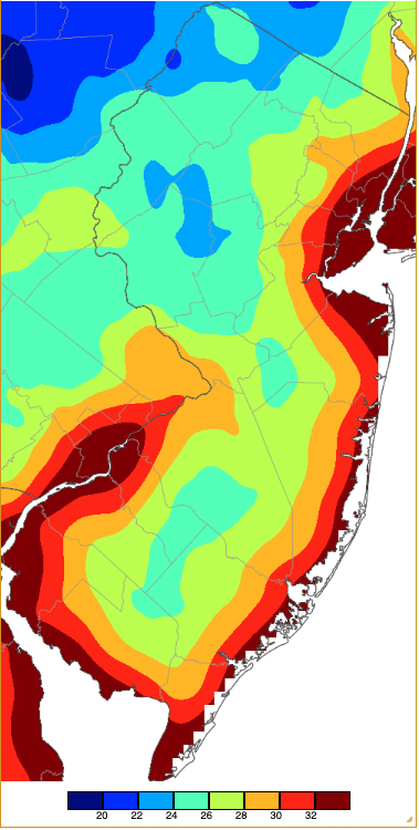 Map of minimum temperatures on April 21st based on a PRISM (Oregon State University) analysis generated using NWS, NJWxNet, and other professional weather stations.