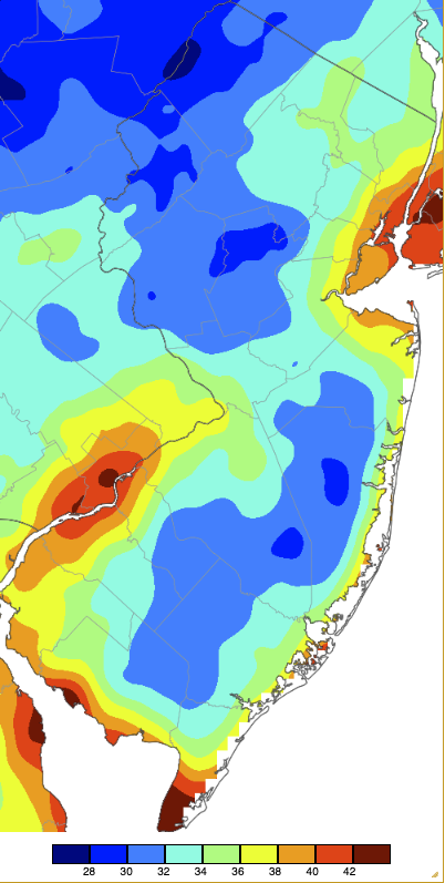 Minimum temperatures on April 22nd based on a PRISM (Oregon State University) analysis generated using NWS, NJWxNet, and other professional weather stations.