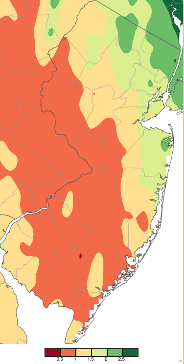 Precipitation across New Jersey from 8 AM on April 22nd through 8 AM April 24th based on a PRISM (Oregon State University) analysis generated using NWS Cooperative, CoCoRaHS, NJWxNet, and other professional weather station observations.