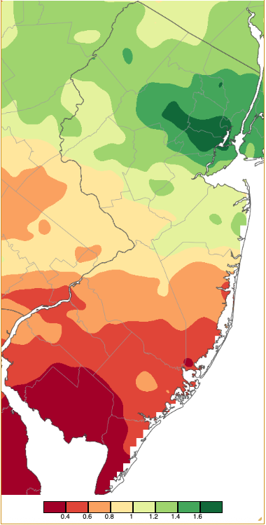 Map of precipitation across New Jersey from 8 AM on April 24th through 8 AM April 26th based on a PRISM (Oregon State University) analysis generated using NWS Cooperative, CoCoRaHS, NJWxNet, and other professional weather station observations.