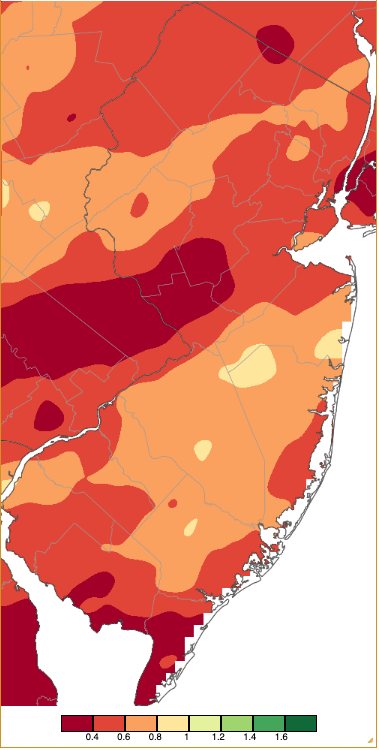 Map of precipitation across New Jersey from 8 AM on April 29th through 8 AM April 30th based on a PRISM (Oregon State University) analysis generated using NWS Cooperative, CoCoRaHS, NJWxNet, and other professional weather station observations.