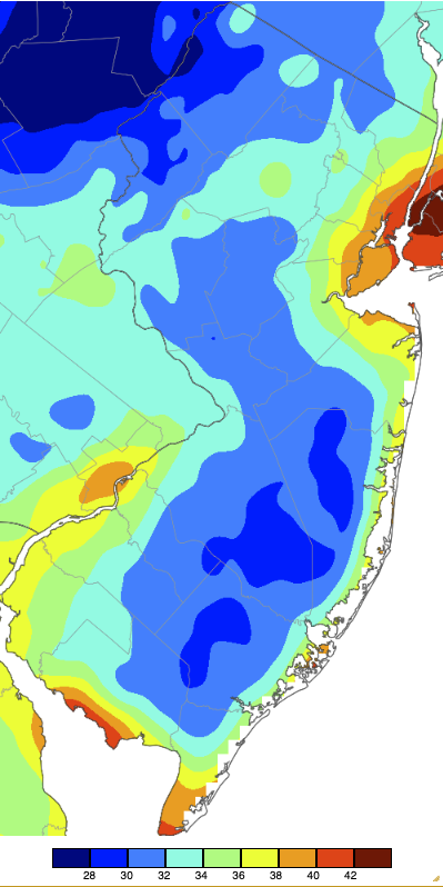 Minimum temperatures on April 8th based on a PRISM (Oregon State University) analysis generated using NWS, NJWxNet, and other professional weather stations.