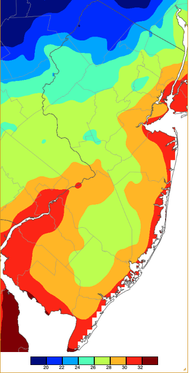 Map of minimum temperatures on April 8th based on a PRISM (Oregon State University) analysis generated using NWS, NJWxNet, and other professional weather stations.