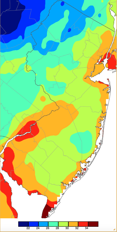 Minimum temperatures on April 9th based on a PRISM (Oregon State University) analysis generated using NWS, NJWxNet, and other professional weather stations.