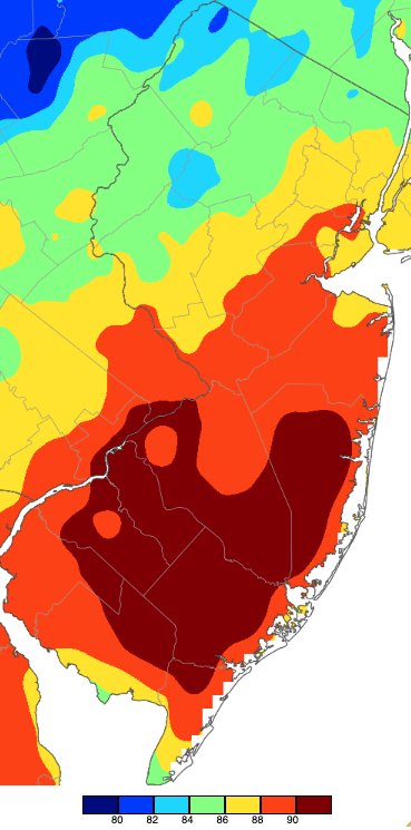 Maximum temperatures on August 21st based on a PRISM (Oregon State University) analysis generated using NWS, NJWxNet, and other professional weather stations.