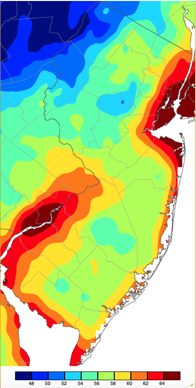 Minimum temperatures on August 13th based on a PRISM (Oregon State University) analysis generated using NWS, NJWxNet, and other professional weather stations.