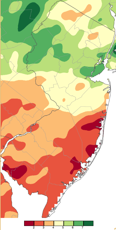 August 2023 precipitation across New Jersey based on a PRISM (Oregon State University) analysis generated using NWS Cooperative, CoCoRaHS, NJWxNet, and other professional weather station observations from approximately 8 AM on July 31st to 8 AM on August 31st.