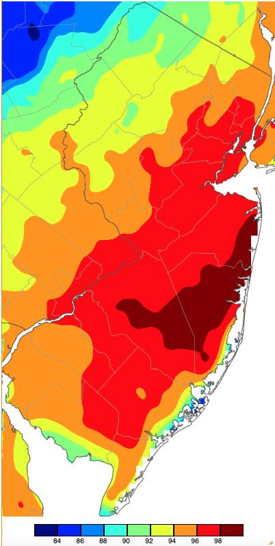 Maximum temperatures on August 9th based on a PRISM (Oregon State University) analysis generated using NWS, NJWxNet, and other professional weather stations.