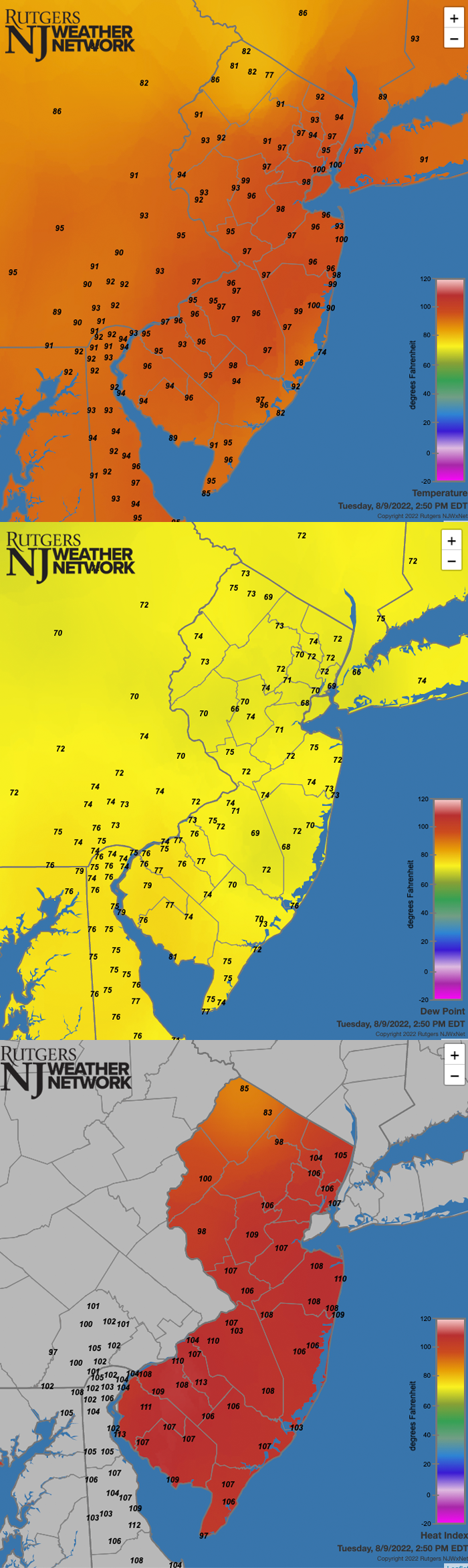 Surface air temperature (top), dew point (middle), and heat index (bottom) at 2:50 PM EDT on August 9th. Observations are from Rutgers NJ Weather Network, National Weather Service airport stations, Shrewsbury Weather Network, and Delaware Environmental Observing System Network, with the heat index calculated from the observed temperature and humidity data.