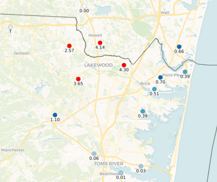 Precipitation across northeastern Ocean County and southeastern Monmouth County from approximately 8 AM on August 5th through 8 AM August 6th based on NJ CoCoRaHS observations. Rainfall totals are in inches.