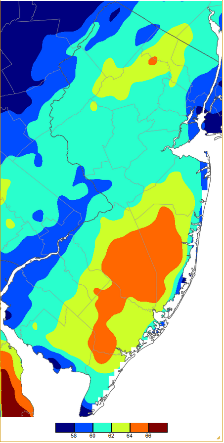 Maximum temperatures on December 30th based on a PRISM (Oregon State University) analysis generated using NWS, NJWxNet, and other professional weather stations.