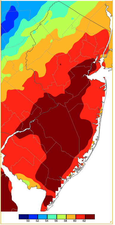 Maximum temperatures on December 10th based on a PRISM (Oregon State University) analysis generated using NWS, NJWxNet, and other professional weather stations.