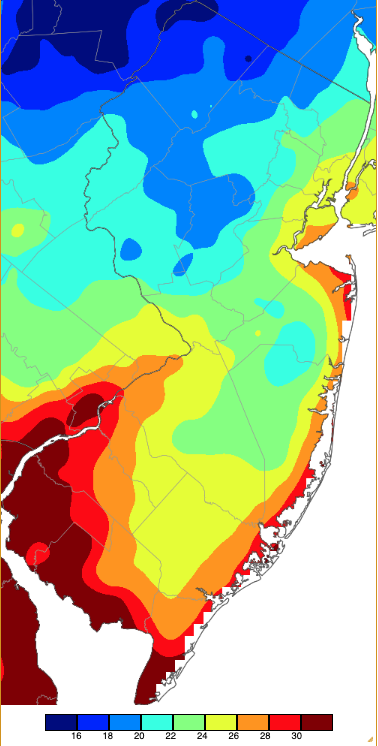 Minimum temperatures on December 22nd based on a PRISM (Oregon State University) analysis generated using NWS, NJWxNet, and other professional weather stations.