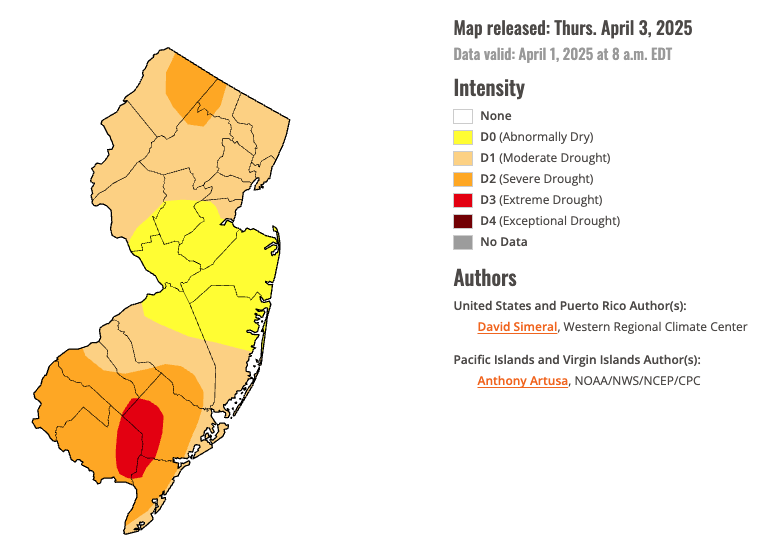 U.S. Drought Monitor map of conditions in NJ as of April 1, 2025.