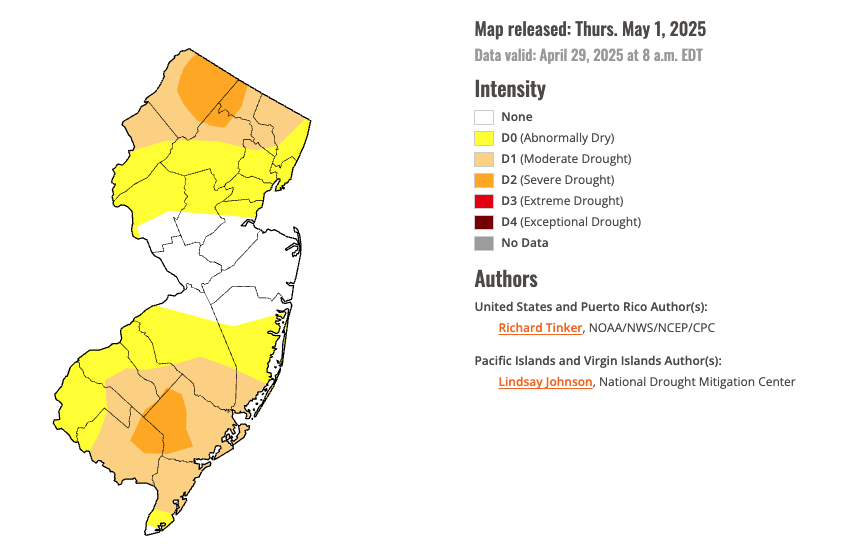 U.S. Drought Monitor map of conditions in NJ as of April 29, 2025.