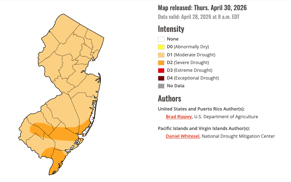 U.S. Drought Monitor map of conditions in NJ as of April 28, 2026.