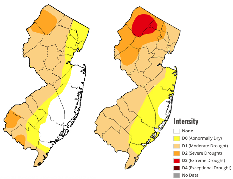 U.S. Drought Monitor map of conditions in NJ as of December 2, 2025 (left) and February 24th, 2026 (right).