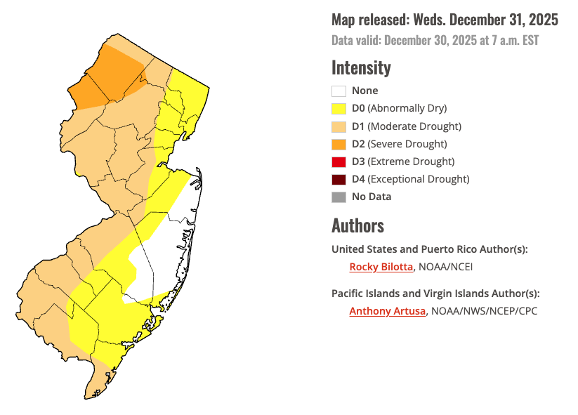 Figure 12. U.S. Drought Monitor map of conditions in NJ as of December 30, 2025.