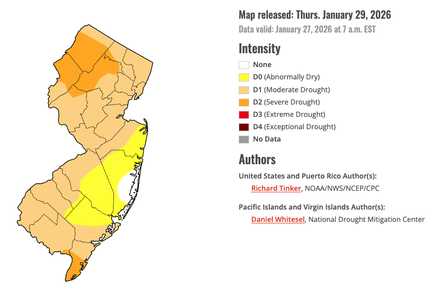 Figure 14. U.S. Drought Monitor map of conditions in NJ as of January 27, 2026.
