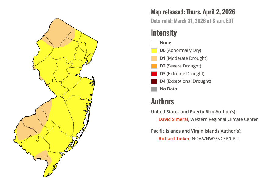 U.S. Drought Monitor map of conditions in NJ as of March 31, 2026.