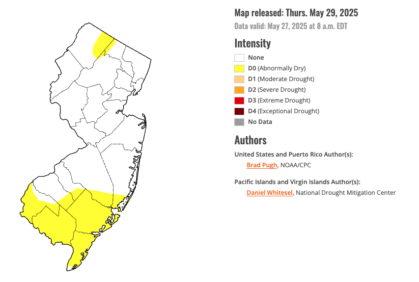 U.S. Drought Monitor map of conditions in NJ as of May 27, 2025.