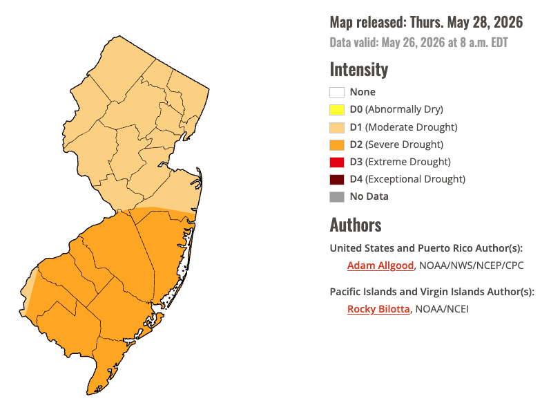 Figure 3. U.S. Drought Monitor map of conditions in NJ as of May 26, 2026. U.S. Drought Monitor map of conditions in NJ as of May 26, 2026.