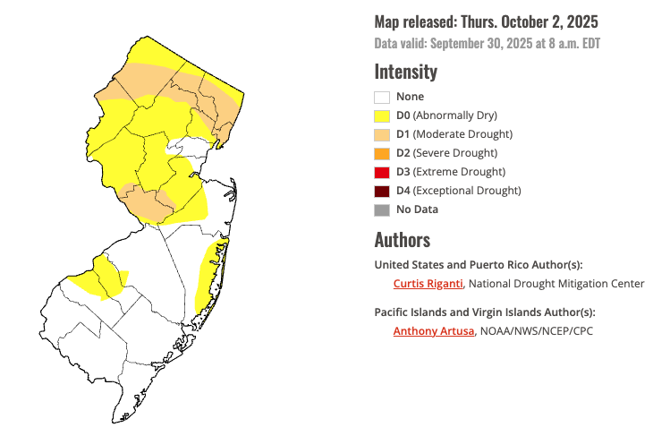 U.S. Drought Monitor map of conditions in NJ as of September 30, 2025.
