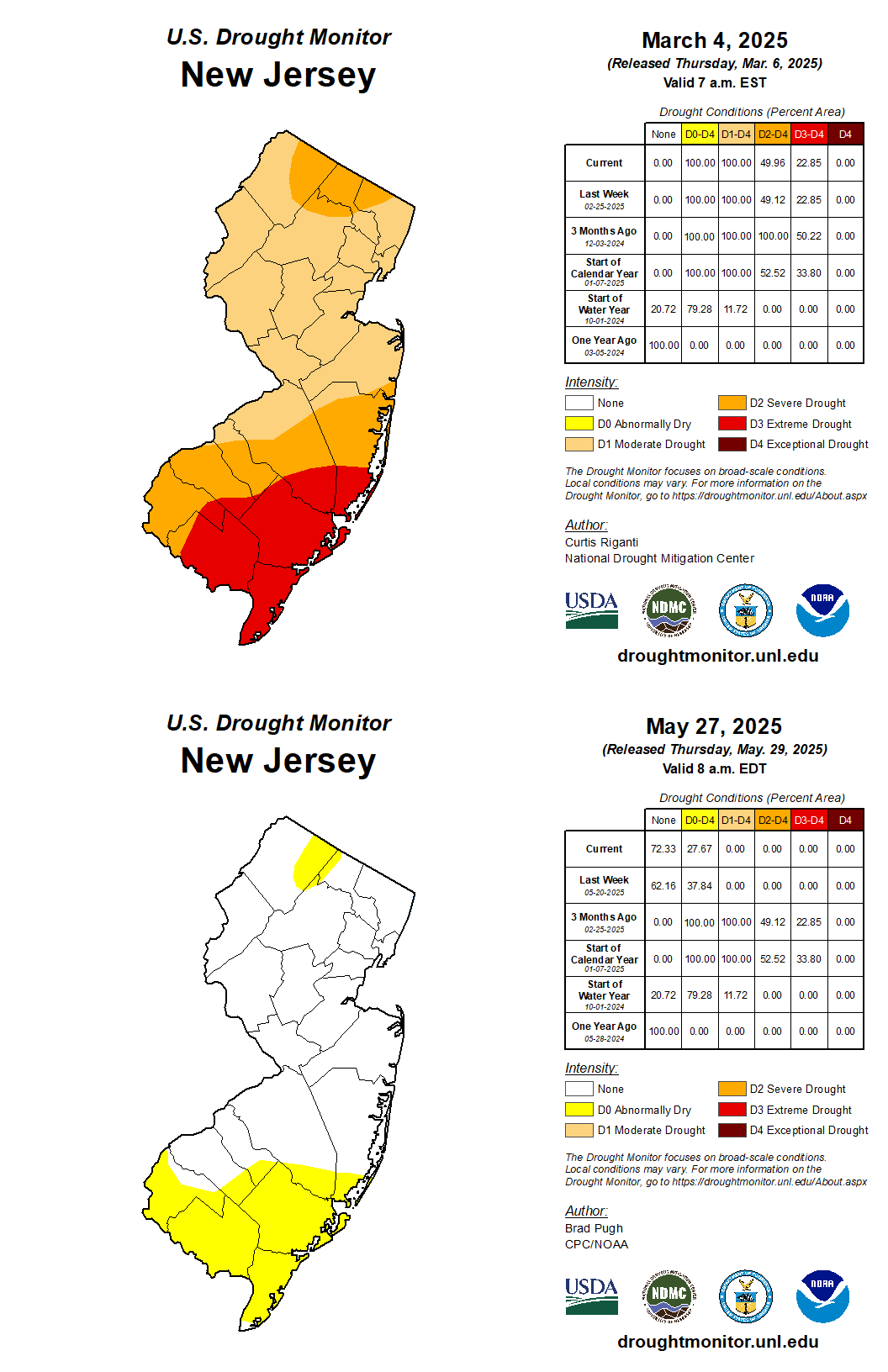 U.S. Drought Monitor map of conditions in NJ as of March 4th and May 27th, 2025, showing the improvement in drought conditions as spring progressed.