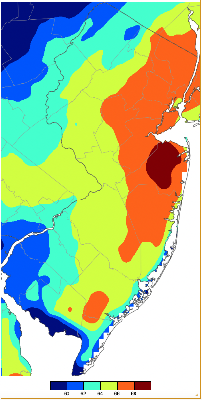 Maximum temperatures on February 16th based on a PRISM (Oregon State University) analysis generated using NWS, NJWxNet, and other professional weather stations.